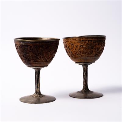 Lot 236 - A pair of Chinese white metal and bamboo cups