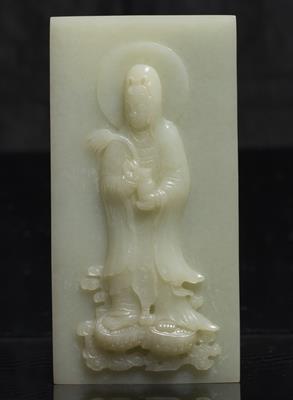 Lot 375 - A Chinese celadon green jade rectangular panel