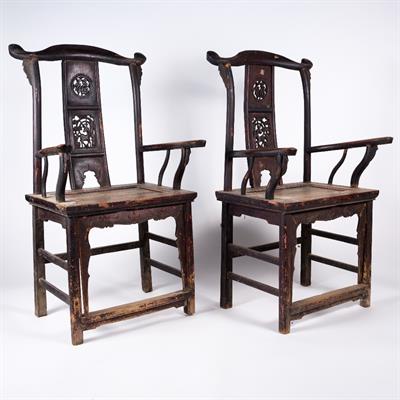 Lot 397 - A pair of Chinese stained elm throne chairs