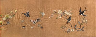 Lot 456 - A pair of Chinese gold ground silk panels