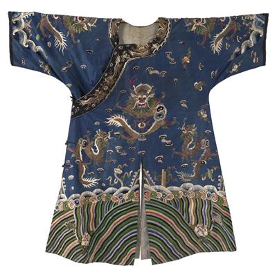 Lot 458 - A Chinese blue silk embroidered dragon robe