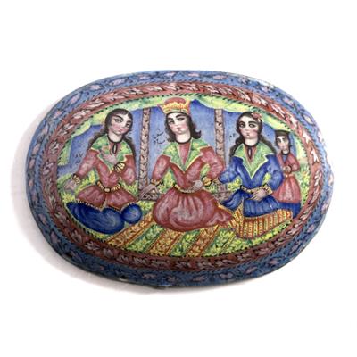 Lot 628 - A Qajar polychrome enamelled plaque