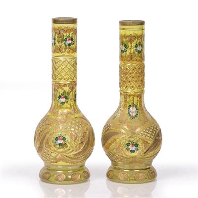 Lot 649 - A harlequin pair of Bohemian Persian market cut-glass vases