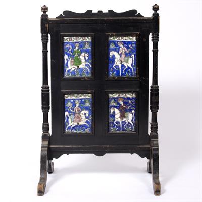 Lot 670 - A wooden screen inset with four Qajar tiles