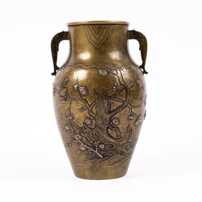 Lot 738 - A Japanese bronze handled oviform vase