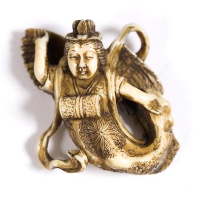 Lot 764 - A Japanese ivory netsuke of an Apsara (Tennin)