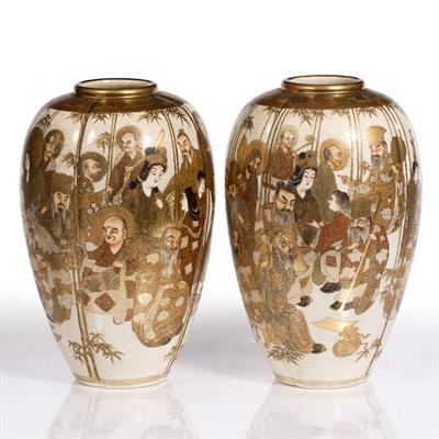 Lot 823 - A pair of Japanese Satsuma oviform vases