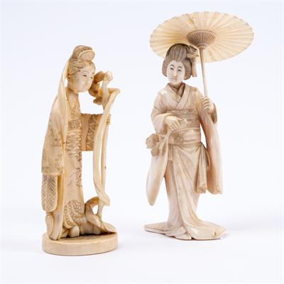 Lot 957 - A Japanese ivory okimono carved as a standing Geisha