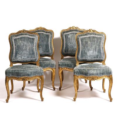 Lot 48 - A set of eight French style gilt wood and upholstered dining chairs