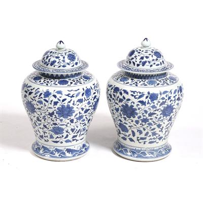 Lot 113 - A pair of Chinese style porcelain baluster vases and covers