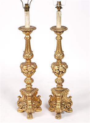 Lot 115 - A pair of Dutch style triform table lamps