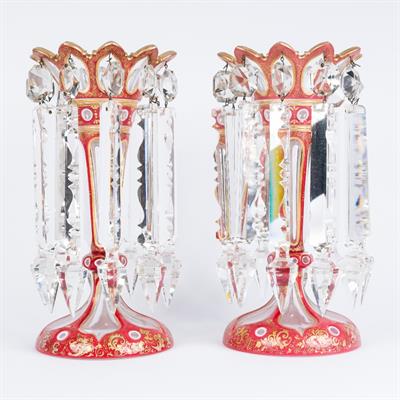 Lot 270G - A pair of Bohemian pink glass and overlaid lustres