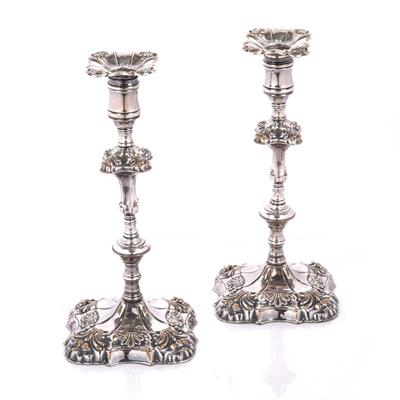 Lot 490 - A pair of Georgian style silver on copper Tudor candlesticks