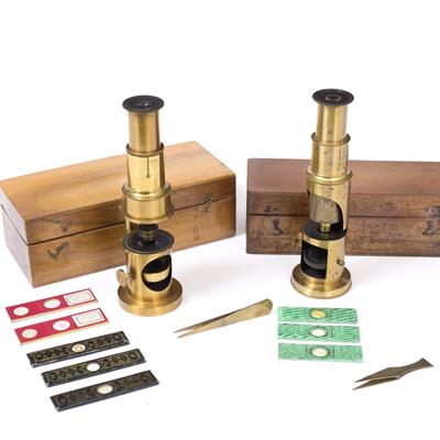 Lot 32 - TWO EARLY 20TH CENTURY BRASS LACQUERED MICROSCOPES