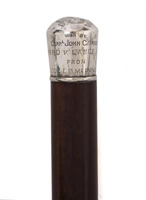 Lot 100 - A Lothians and Berwickshire Yeomanry Cavalry silver topped rosewood walking stick won by Corporal Jo