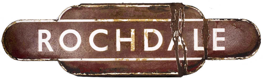 Lot 129 - A 20TH CENTURY ENAMEL AND TIN 'ROCHDALE' TOTEM RAILWAY STATION SIGN