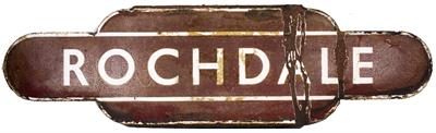 Lot 129 - A 20TH CENTURY ENAMEL AND TIN 'ROCHDALE' TOTEM RAILWAY STATION SIGN