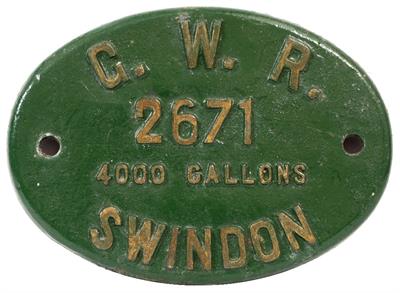 Lot 132 - A CAST IRON GWR 2671 4000 GALLON SWINDON TANKER PLATE