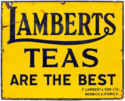 Lot 282 - AN EARLY TO MID 20TH CENTURY TIN AND ENAMEL 'LAMBERTS TEA ARE THE BEST'