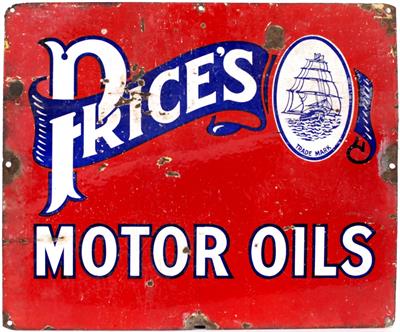 Lot 283 - AN EARLY TO MID 20TH CENTURY TIN AND ENAMEL PAINTED ADVERTISING SIGN 'PRICES MOTOR OILS'