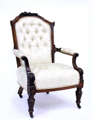 Lot 580 - A VICTORIAN MAHOGANY FRAMED CREAM UPHOLSTERED OPEN ARMCHAIR