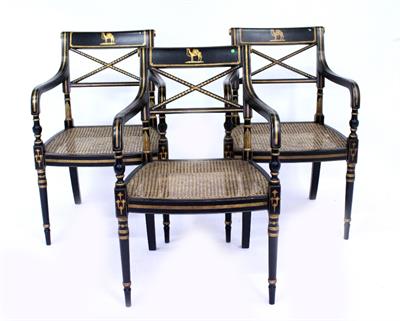 Lot 582 - A SET OF THREE 20TH CENTURY REGENCY STYLE EBONISED ARMCHAIRS