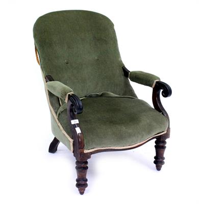 Lot 585 - A VICTORIAN UPHOLSTERED LOW ARMCHAIR