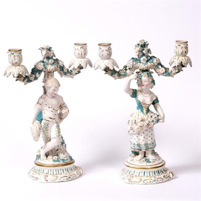 Lot 609 - A PAIR OF 19TH CENTURY CONTINENTAL PORCELAIN TWO BRANCH CANDELABRA