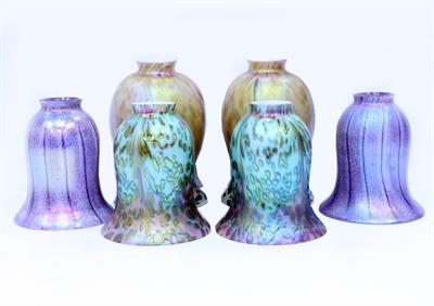 Lot 631 - THREE PAIRS OF IRIDESCENT GLASS LIGHT SHADES