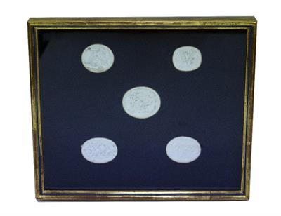 Lot 649 - A FRAMED SET OF FIVE ANTIQUE PLASTER INTAGLIOS