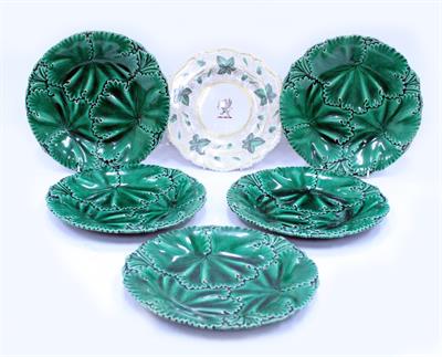 Lot 697 - FIVE COPELAND AND GARRETT GREEN GLAZED LEAF PLATES