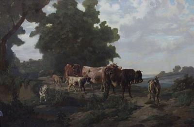 Lot 715 - 19TH CENTURY CONTINENTAL SCHOOL LANDSCAPE WITH CATTLE