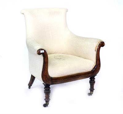 Lot 760 - A WILLIAM IV UPHOLSTERED ARMCHAIR ROSEWOOD DECORATED FRAME