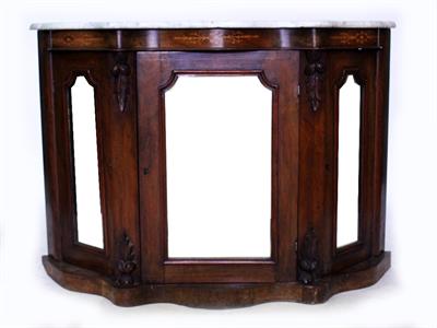 Lot 771 - A VICTORIAN WALNUT SERPENTINE MARBLE TOPPED SIDE CABINET