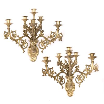 Lot 786 - A PAIR OF GILT BRASS GOTHIC REVIVAL FIVE BRANCH SIX LIGHT WALL SCONCES