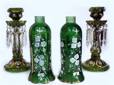 Lot 825 - A PAIR OF MOULDED GREEN GLASS TABLE LUSTRES