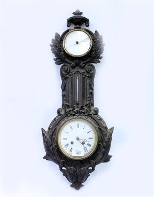 Lot 833 - A 19TH CENTURY CAST IRON WALL CLOCK / BAROMETER