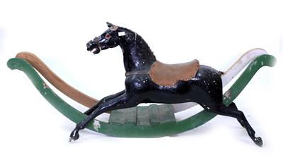 Lot 834 - A VICTORIAN BLACK PAINTED ROCKING HORSE