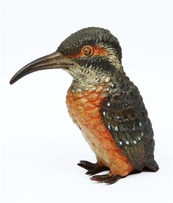 Lot 4 - A BERGMAN STYLE BRONZE COLD PAINTED SCULPTURE of a standing kingfisher