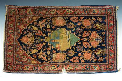 Lot 18 - AN OLD PERSIAN BLUE GROUND MAT with central architectural motif within a foliate ground (tears)