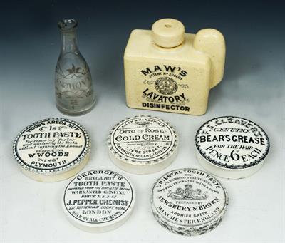 Lot 37A - FIVE OLD CERAMIC POT LIDS including Cleaver;s 'Bears Grease'