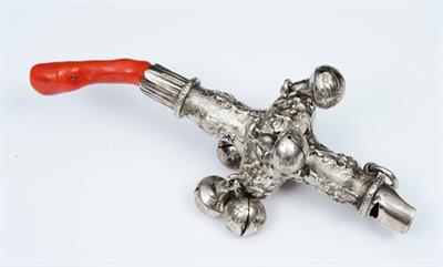 Lot 40 - A VICTORIAN SILVER CHILD'S RATTLE AND WHISTLE