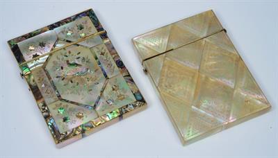 Lot 51 - A MOTHER OF PEARL AND PAUA SHELL CARD CASE with oriental pheasant decoration and another with diamon