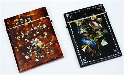Lot 52 - A TORTOISESHELL AND MOTHER OF PEARL INLAID CARD CASE and another papier mâché with mother of pearl f