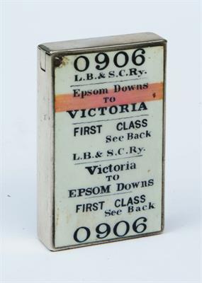 Lot 54 - A VICTORIAN SILVER AND ENAMELLED RAILWAY TICKET VESTA CASE