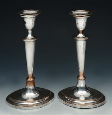 Lot 78 - A PAIR OF ADAM STYLE SHEFFIELD PLATE CANDLESTICKS with loose sconces