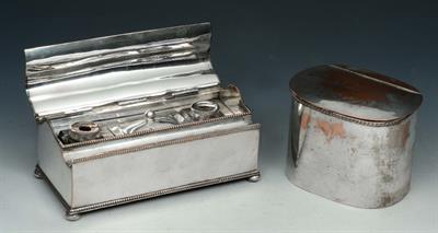 Lot 80 - A 19TH CENTURY SHEFFIELD PLATED QUILL PEN STAND with twin glass inkwells and hinged lid