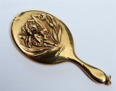 Lot 93 - A 9CT GOLD LADIES MINIATURE VANITY MIRROR with orchid decoration in relief