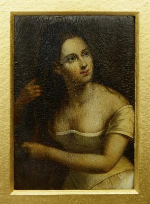 Lot 106 - AN EARLY 19TH CENTURY MINIATURE STUDY of a girl in a white chemise and brushing her hair