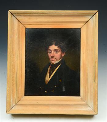 Lot 107 - AN EARLY 19TH CENTURY STUDY of a young man with black stock and navy blue brass buttoned jacket